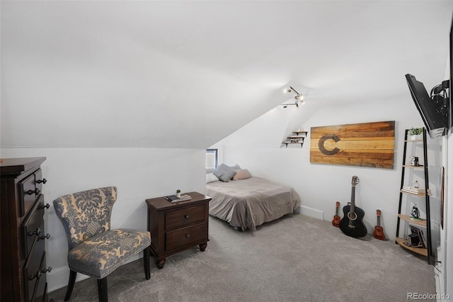 carpeted bedroom with lofted ceiling