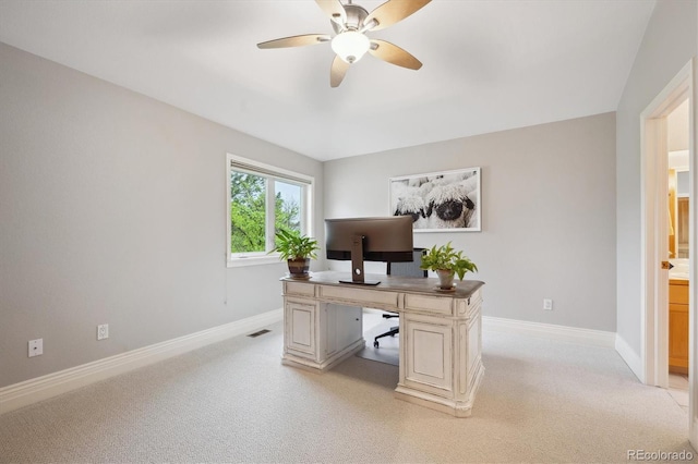 4059 Nevis St, Boulder, CO 80301 - home office with a ceiling fan, baseboards, and light colored carpet