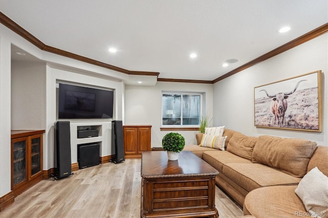 4059 Nevis St, Boulder, CO 80301 - living room with crown molding, recessed lighting, light wood-type flooring, and baseboards
