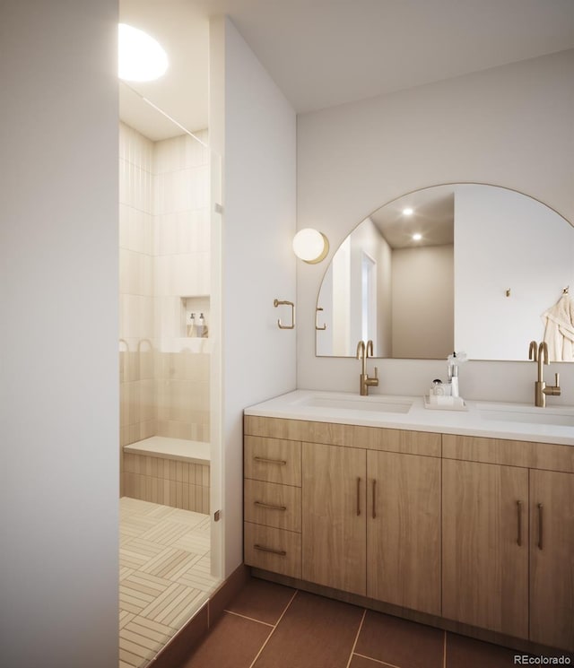 bathroom with vanity and tile patterned floors