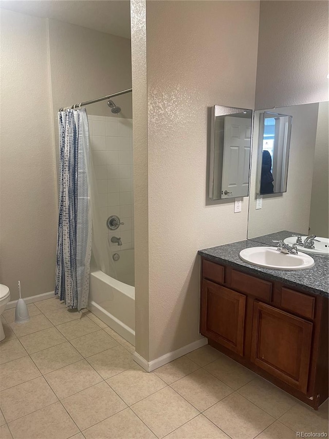 full bathroom featuring toilet, shower / bath combination with curtain, tile patterned floors, and vanity