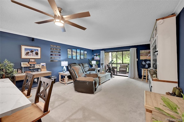 14300 E Marina Dr Unit 109, Aurora, CO 80014 - carpeted living room with a textured ceiling, a ceiling fan, and ornamental molding