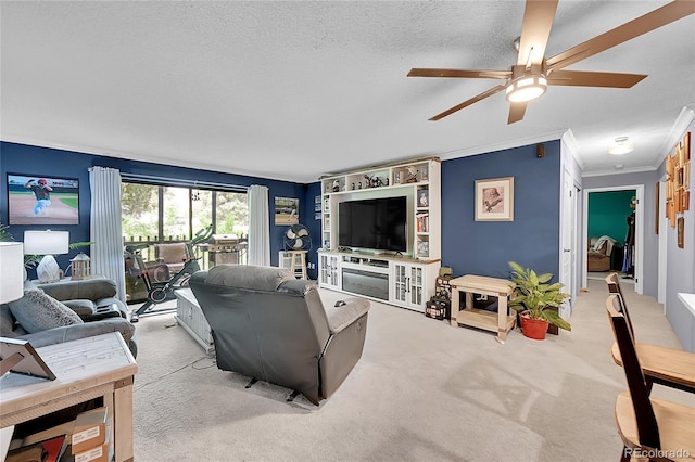 14300 E Marina Dr Unit 109, Aurora, CO 80014 - carpeted living area with ceiling fan, ornamental molding, and a textured ceiling