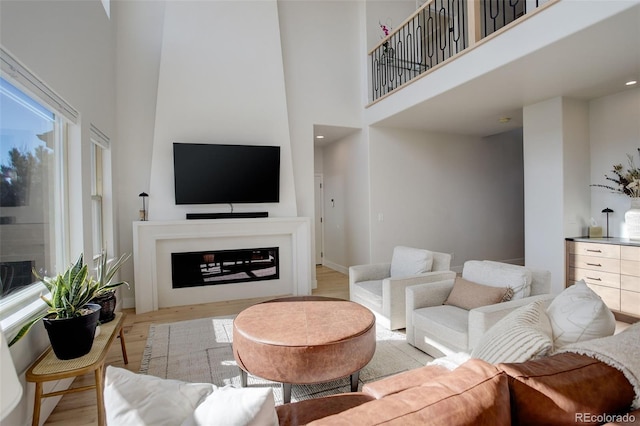 living room featuring a high ceiling and light wood-type flooring