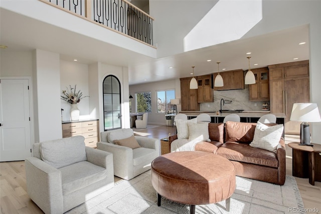 living room featuring light hardwood / wood-style flooring and a high ceiling