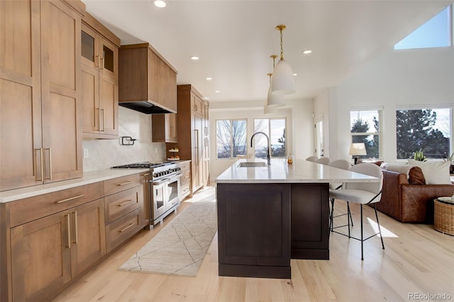 kitchen featuring sink, hanging light fixtures, a large island with sink, double oven range, and decorative backsplash