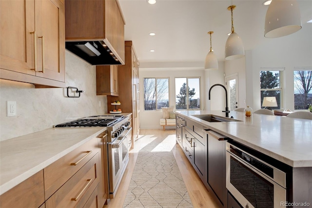 kitchen with stainless steel appliances, a healthy amount of sunlight, hanging light fixtures, and sink