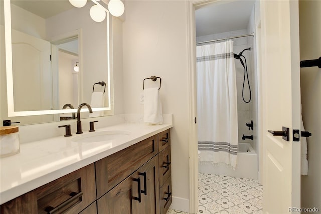 bathroom featuring vanity and shower / bath combo with shower curtain