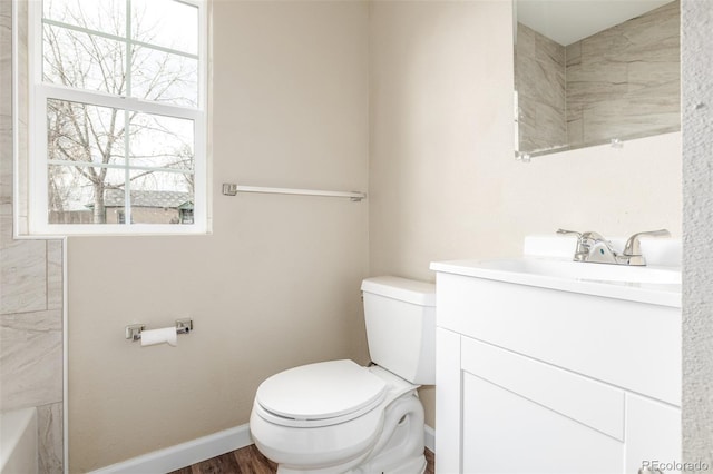 bathroom with vanity, wood-type flooring, and toilet