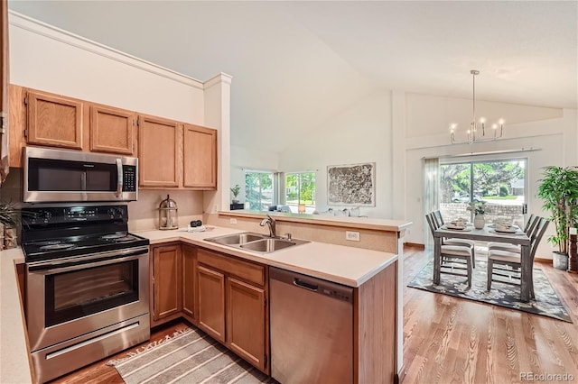 kitchen with appliances with stainless steel finishes, a sink, a peninsula, plenty of natural light, and high vaulted ceiling