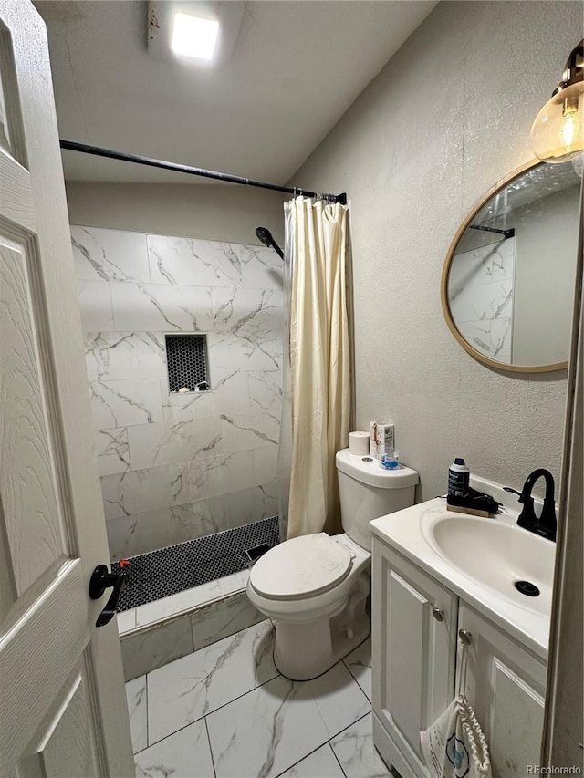 bathroom featuring vanity, curtained shower, and toilet