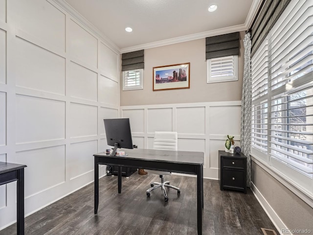 office space with crown molding, a decorative wall, recessed lighting, and dark wood-style flooring