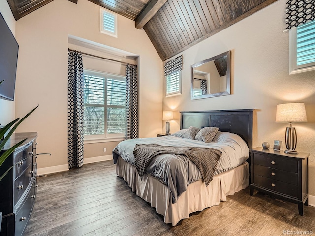 bedroom featuring hardwood / wood-style floors, vaulted ceiling with beams, wood ceiling, and baseboards