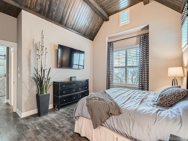 bedroom featuring lofted ceiling with beams, baseboards, dark wood-type flooring, and wood ceiling