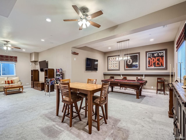 dining space with billiards, a ceiling fan, baseboards, recessed lighting, and light colored carpet