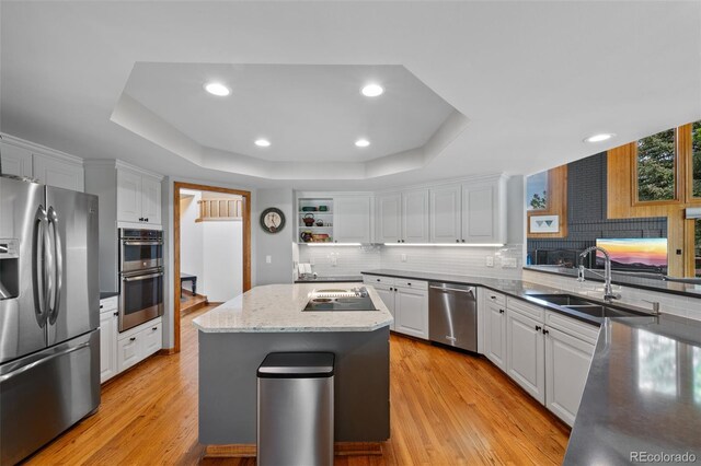 9 Red Fox Ln, Littleton, CO 80127 - kitchen with stainless steel appliances, a tray ceiling, a sink, white cabinets, and decorative backsplash