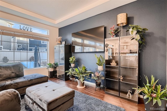 living room featuring baseboards, wood finished floors, and a textured wall