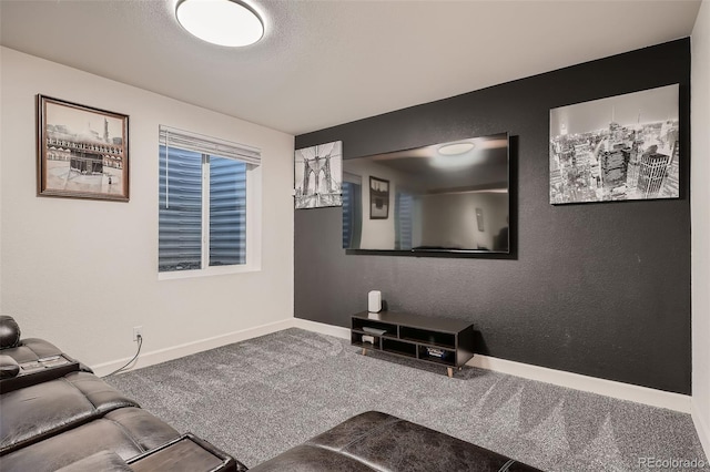 carpeted living area featuring baseboards and a textured wall