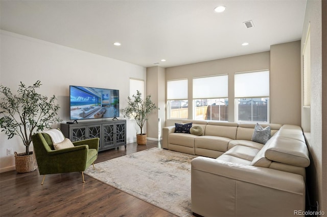 living room featuring dark hardwood / wood-style flooring