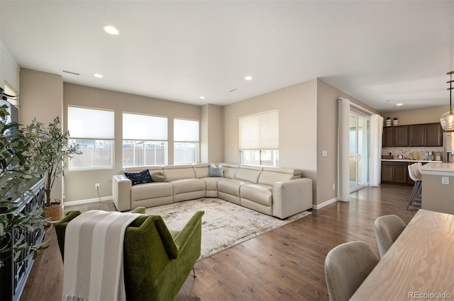 living room with dark wood-type flooring