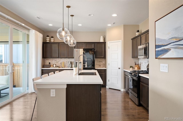 kitchen with decorative backsplash, sink, a kitchen island with sink, and appliances with stainless steel finishes