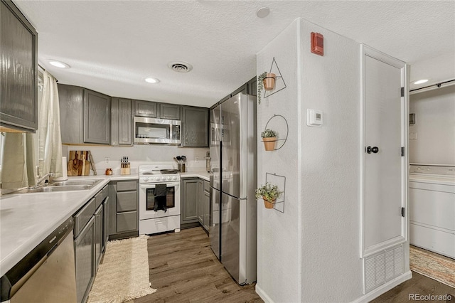 kitchen featuring gray cabinetry, dark hardwood / wood-style flooring, a textured ceiling, and appliances with stainless steel finishes