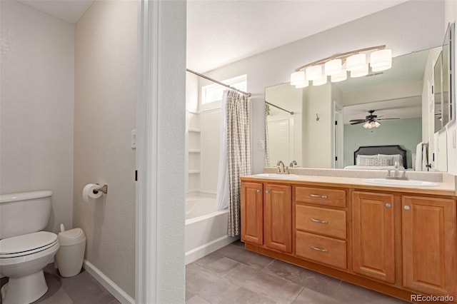 full bathroom featuring ceiling fan, toilet, a sink, double vanity, and shower / bathtub combination with curtain