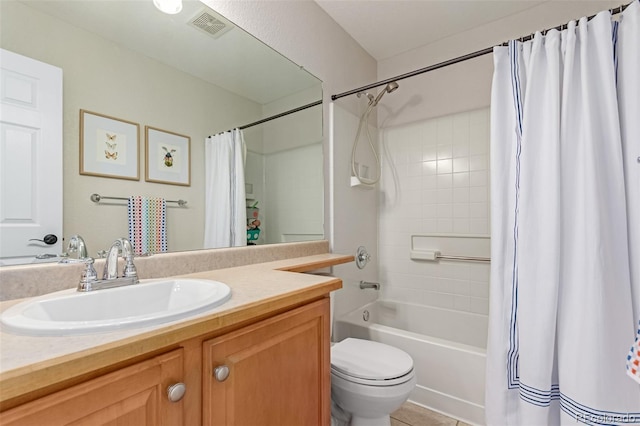 full bath with toilet, shower / bath combo, visible vents, and vanity