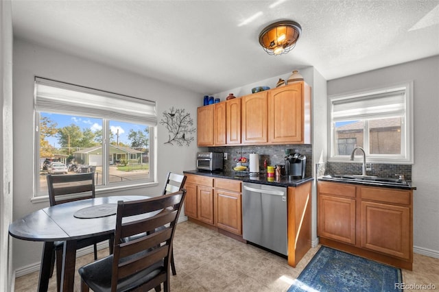 kitchen featuring tasteful backsplash, sink, stainless steel dishwasher, and a textured ceiling