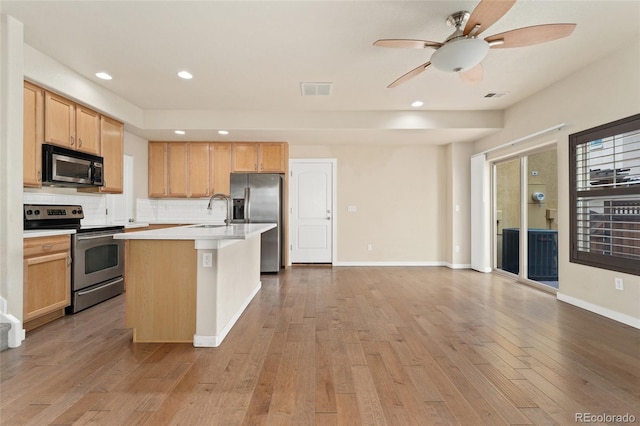 10044 Martin Luther King Blvd, Denver, CO 80238 - kitchen with appliances with stainless steel finishes, a sink, light countertops, a ceiling fan, and backsplash
