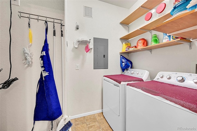 washroom with washing machine and clothes dryer, visible vents, laundry area, electric panel, and baseboards