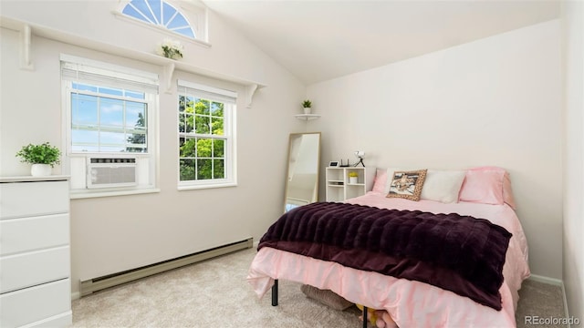 2918 Silverplume Dr Unit C1, Fort Collins, CO 80526 - bedroom with a baseboard radiator, light carpet, vaulted ceiling, and cooling unit