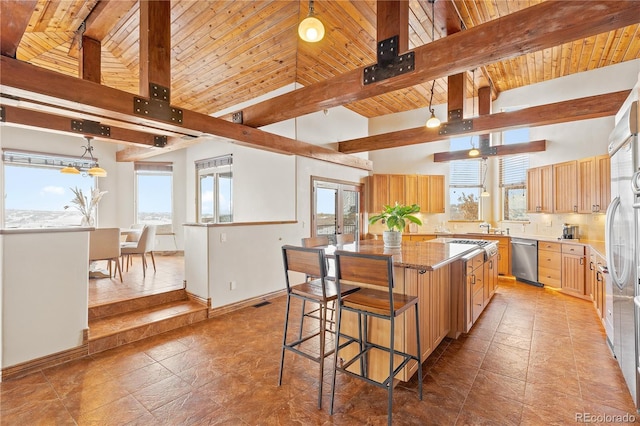 kitchen featuring hanging light fixtures, wooden ceiling, stainless steel dishwasher, a kitchen island, and beamed ceiling