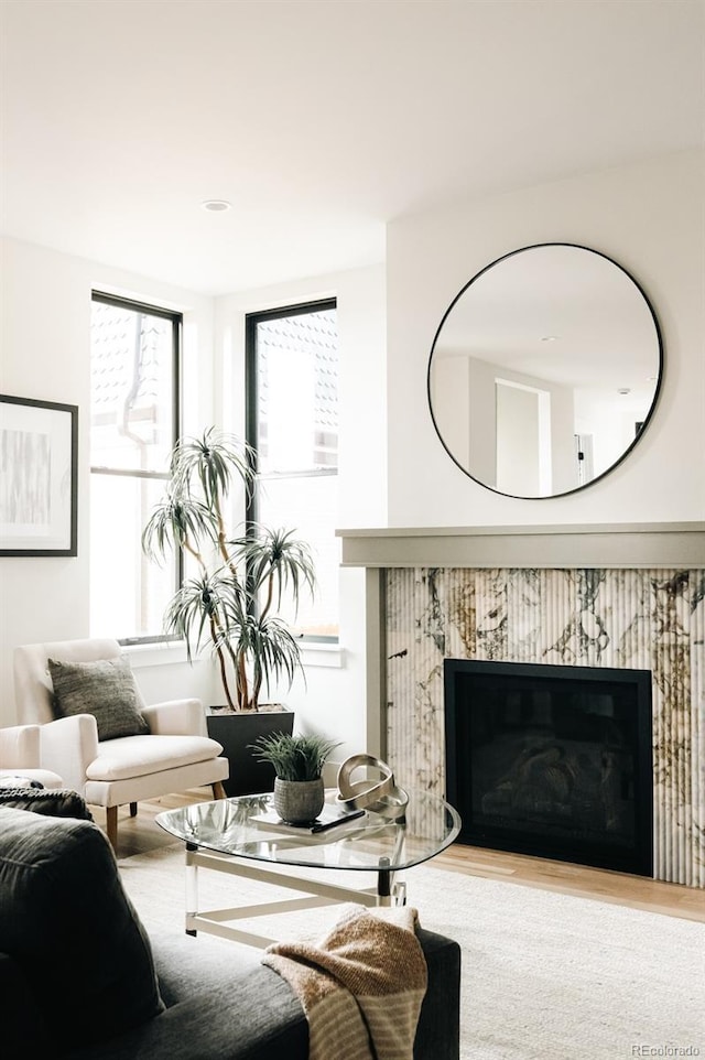 2753 Curtis St, Denver, CO 80205 - living room featuring a fireplace, wood finished floors, and a healthy amount of sunlight