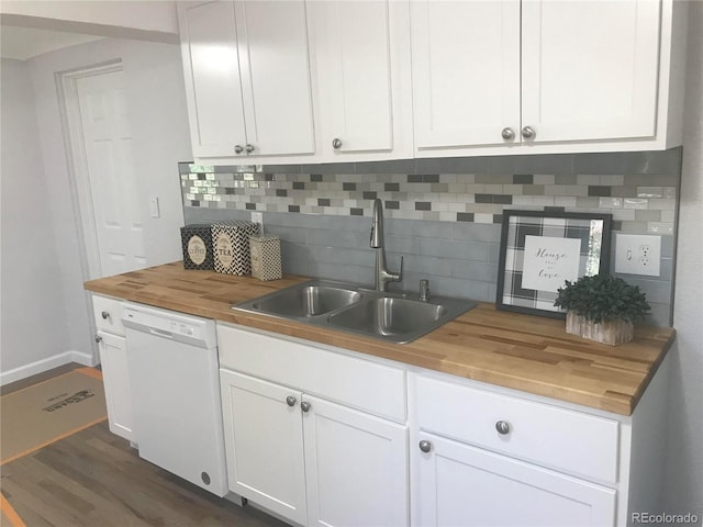 kitchen featuring dark wood-type flooring, sink, white cabinetry, tasteful backsplash, and dishwasher