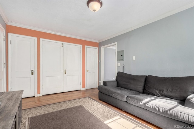 living area featuring electric panel, crown molding, and wood finished floors