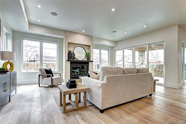 living room featuring a wealth of natural light and light hardwood / wood-style floors