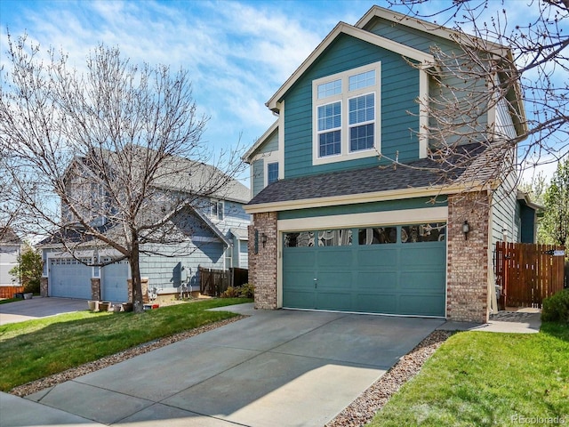 view of front of house with brick siding, a garage, driveway, and a shingled roof