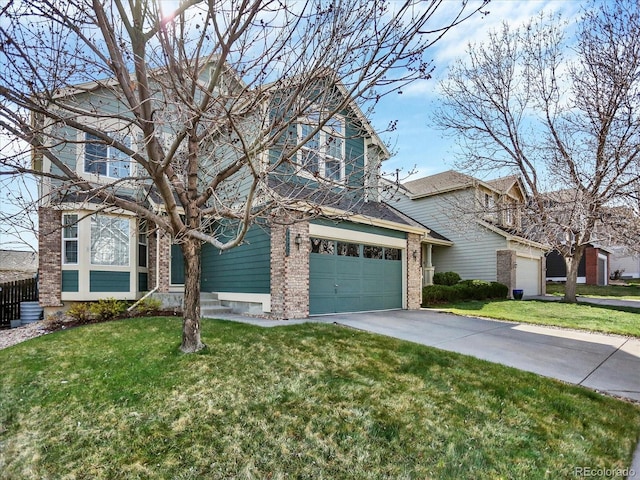 traditional-style house featuring concrete driveway, brick siding, and an attached garage