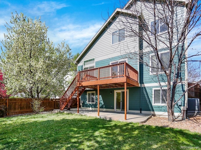 back of property featuring central AC unit, a deck, a patio, and stairs