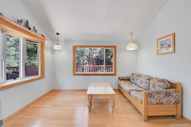 living room with vaulted ceiling, a textured ceiling, and a wealth of natural light