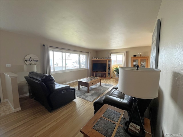 living room with baseboards and light wood-type flooring