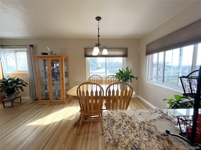 dining area featuring a healthy amount of sunlight, baseboards, and light wood-style floors