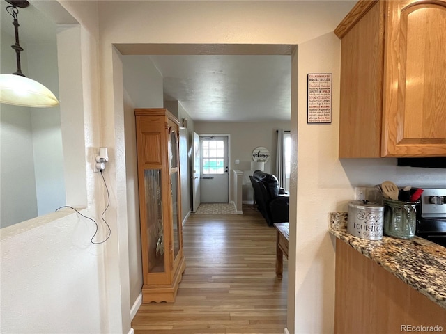 corridor featuring baseboards and light wood finished floors