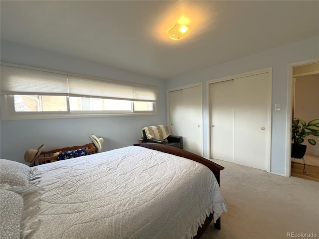 bedroom with multiple windows, two closets, and carpet floors