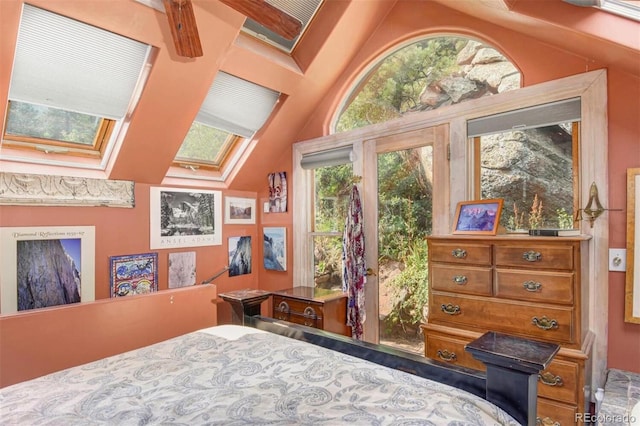 bedroom with lofted ceiling with skylight