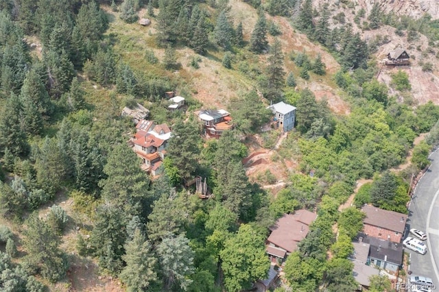 bird's eye view with a wooded view