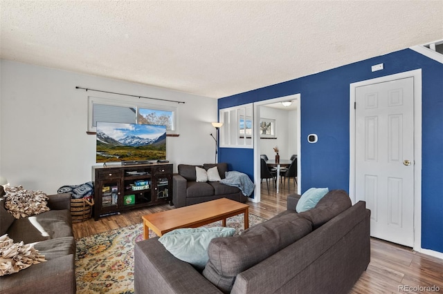 living room with a textured ceiling and wood finished floors