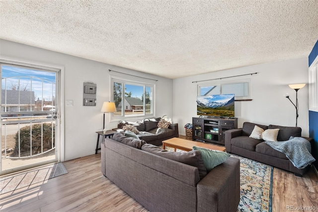 living area with a textured ceiling and light wood finished floors