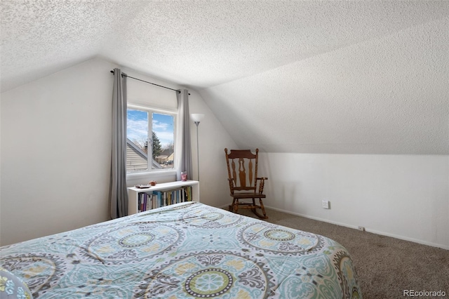 carpeted bedroom featuring baseboards, lofted ceiling, and a textured ceiling